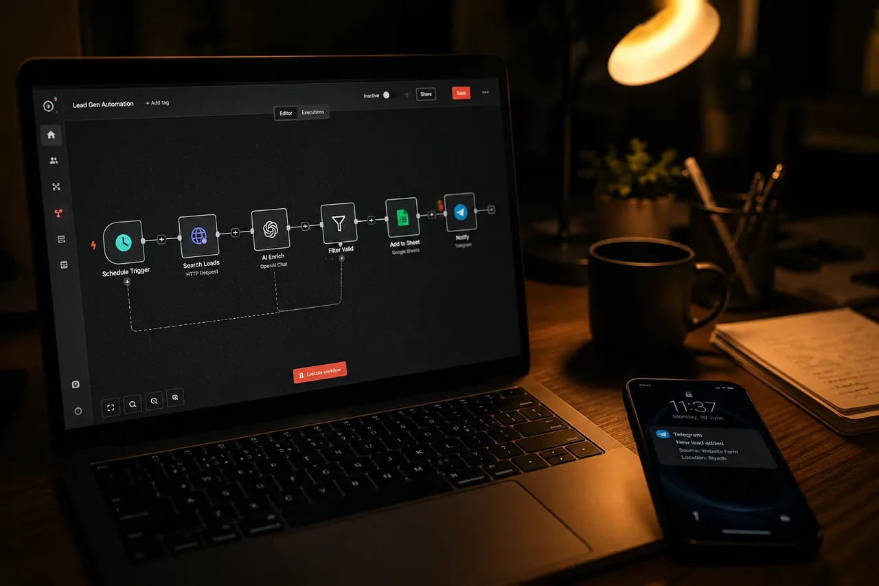 A laptop screen showing a simple automated workflow diagram of connected boxes and arrows, on a desk at night with a phone lying face-up beside it.