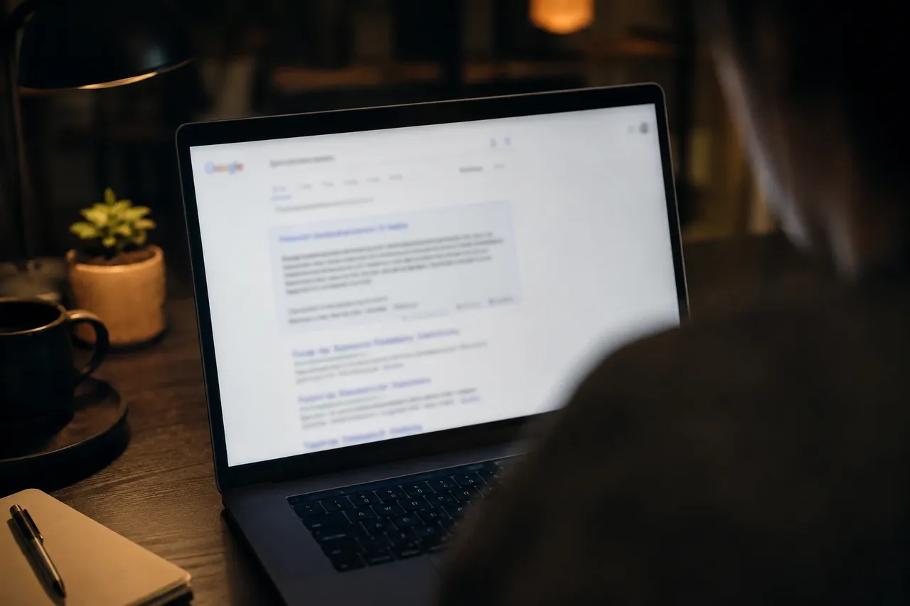 A laptop screen showing a search results page with a featured snippet answer box highlighted, viewed over someone’s shoulder at a home office desk.