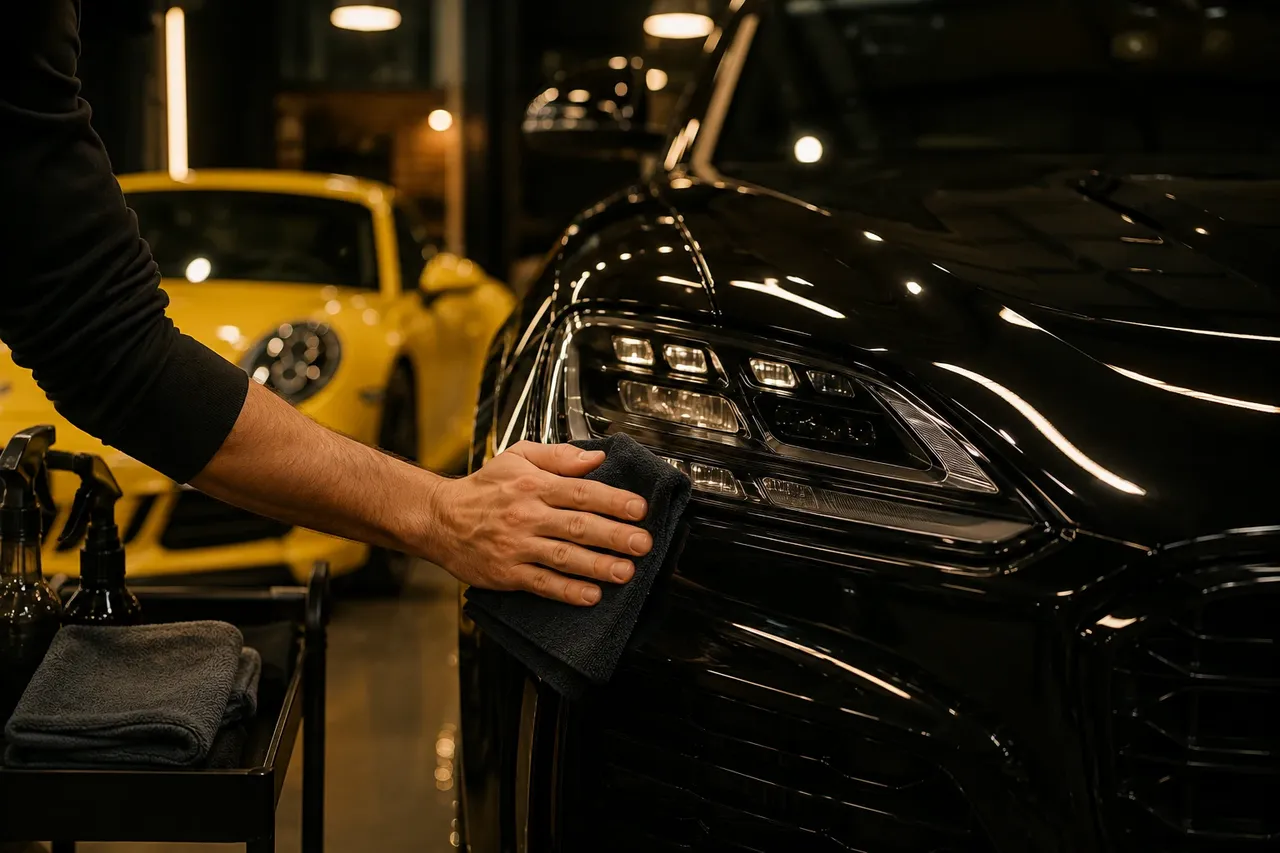 A hand wiping down a car's headlight with a microfiber cloth in a detail shop, another car visible in the background.
