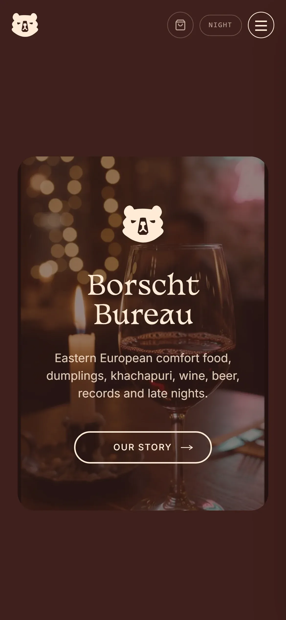 Borscht Bureau restaurant website on a phone in its Night theme, showing the bear logo, tagline and "Our story" button