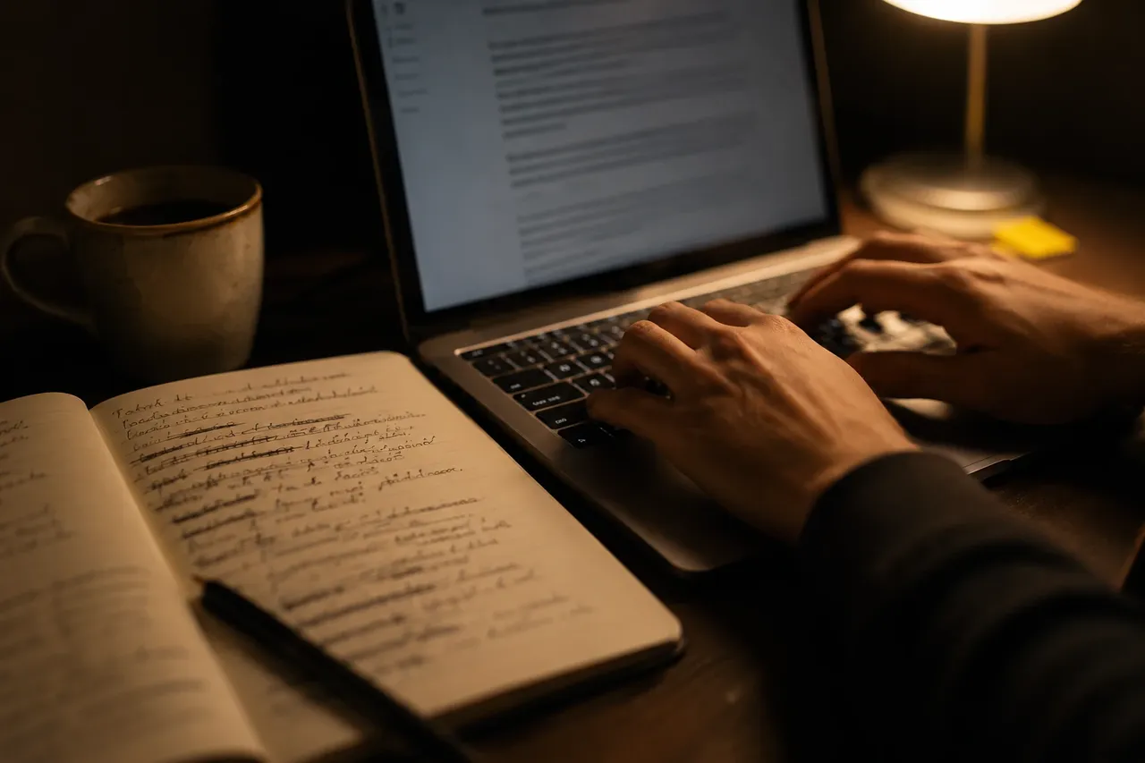 A close-up of hands typing on a laptop next to a handwritten notebook full of brand-voice notes, under warm desk lamp light.