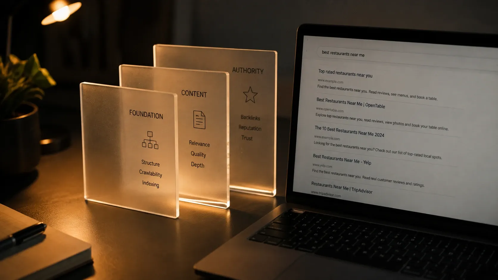 Three translucent glass panels stacked on a dark desk, softly backlit, next to a laptop showing search results.