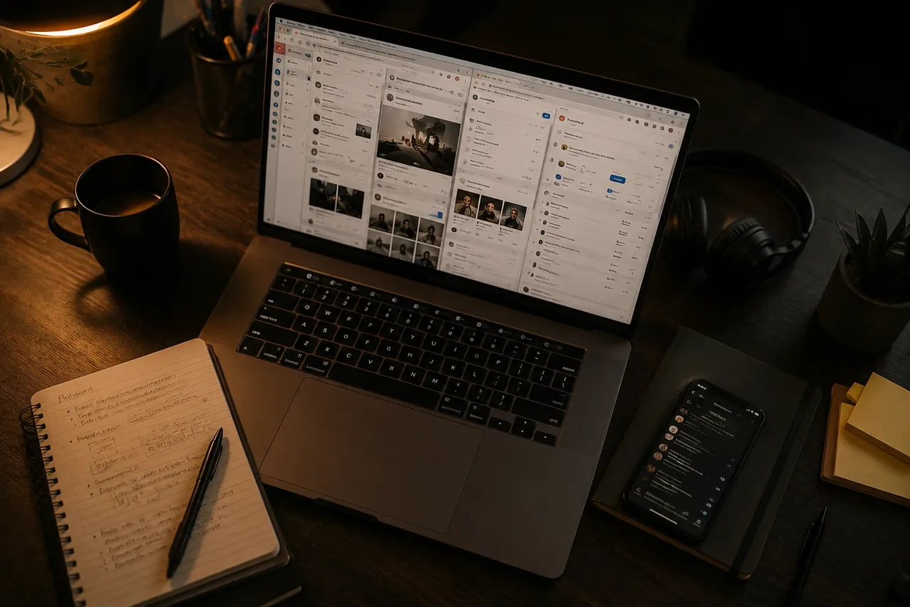 A laptop screen viewed from above showing several browser tabs open across different marketing channels, on a desk with a notebook and phone.