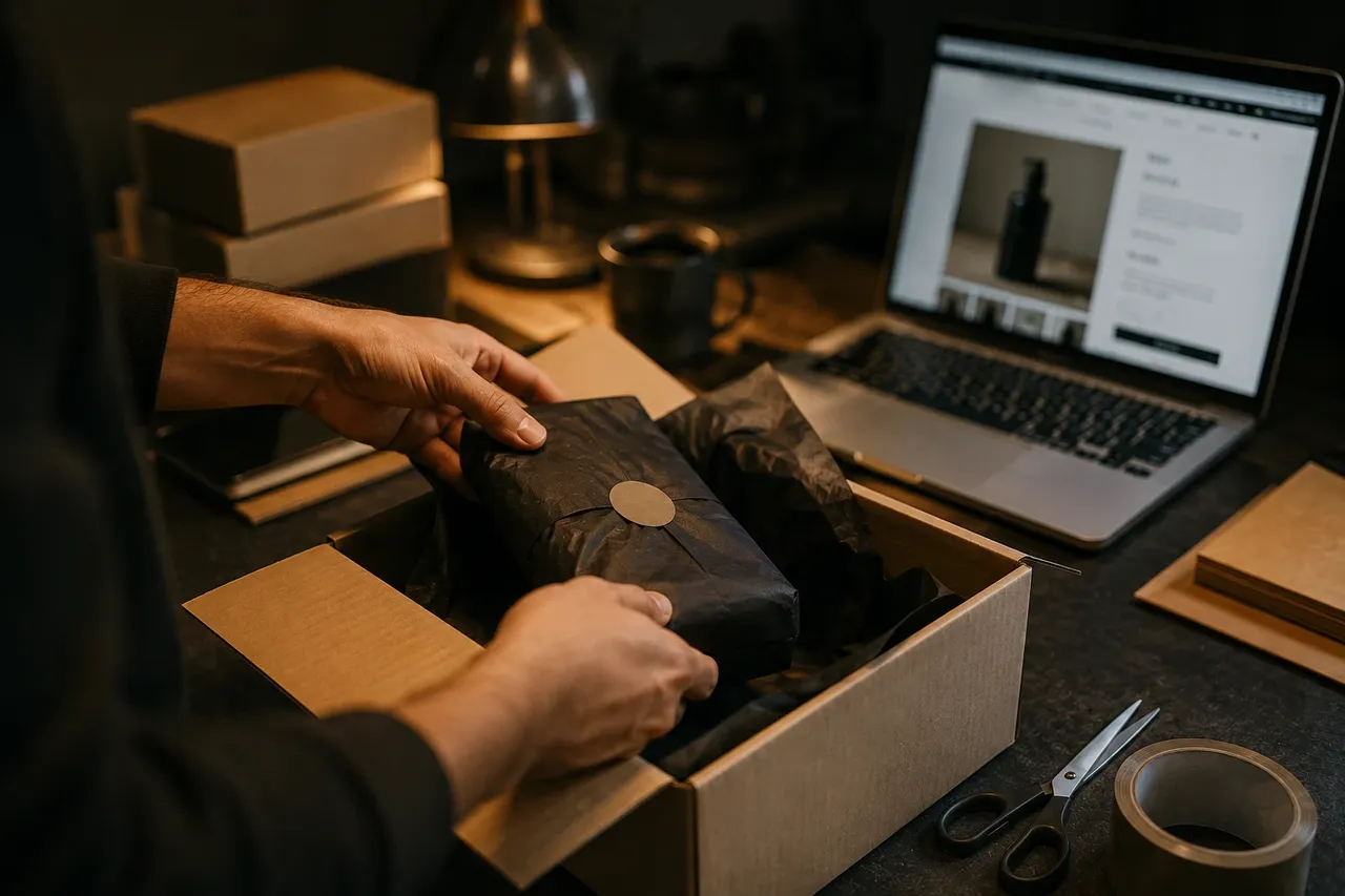 Hands packing a product into a branded shipping box on a studio table, with a laptop open to an online store page in the background.