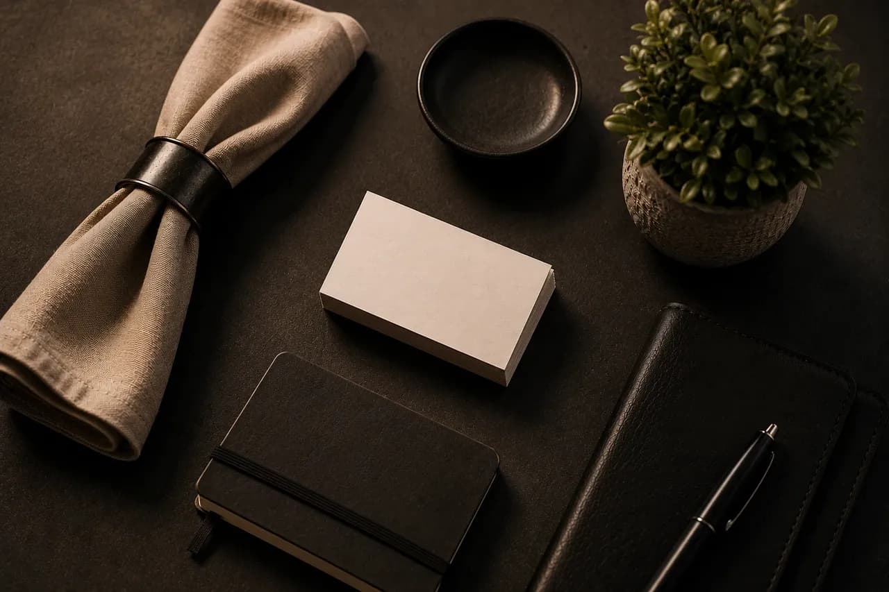 A flat-lay of small objects representing different industries — a napkin, a car key, business cards, a small plant — arranged on a dark surface.