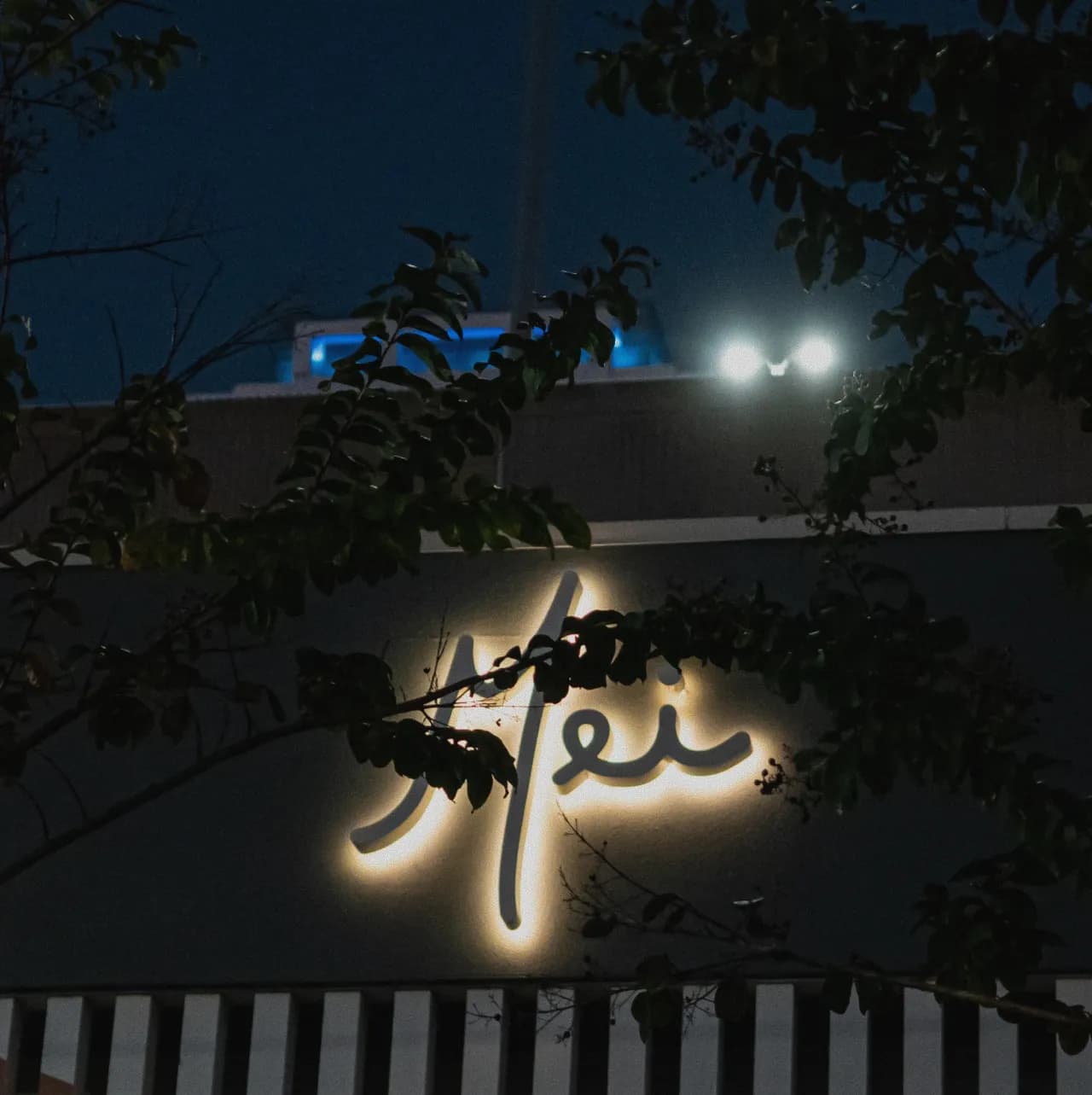 Mei’s handwritten neon sign glowing at night in downtown St. Petersburg