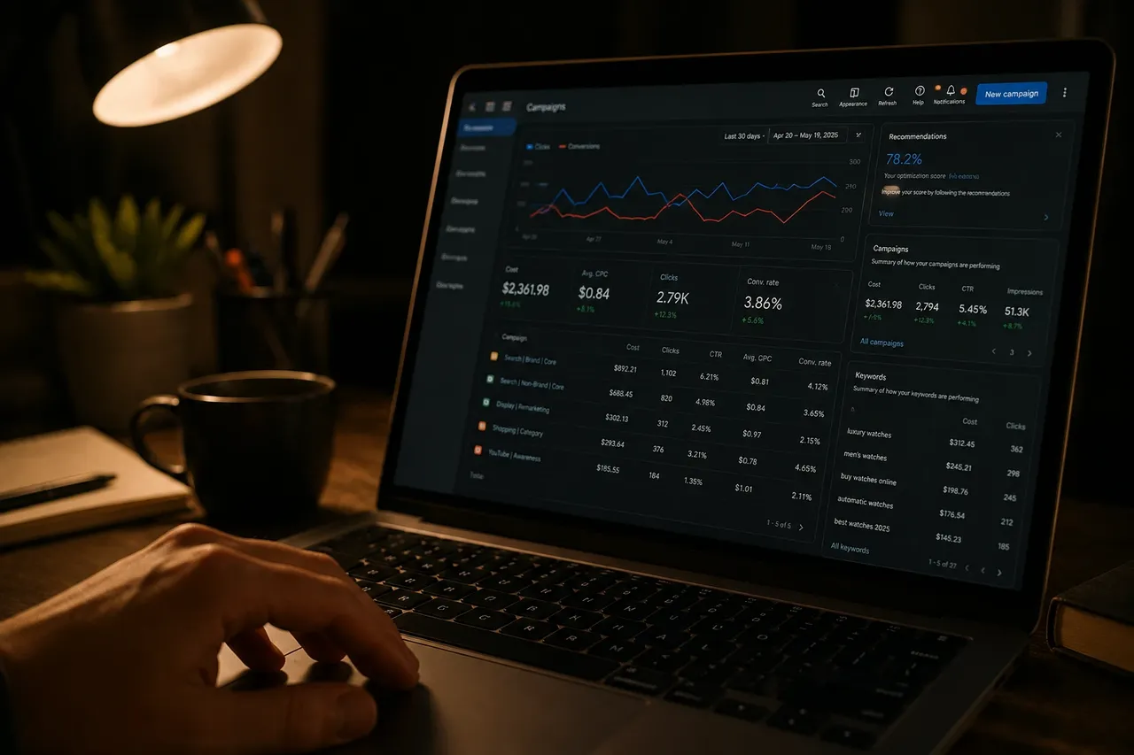 A laptop screen showing an ad campaign dashboard with cost-per-click and budget figures, a hand on the trackpad.