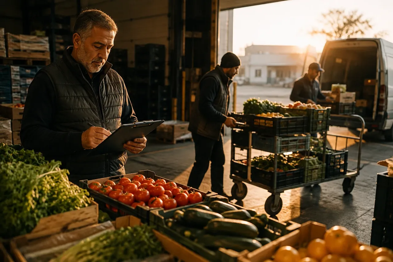 Crates of fresh produce being loaded onto a delivery cart at a warehouse loading dock in early morning light.