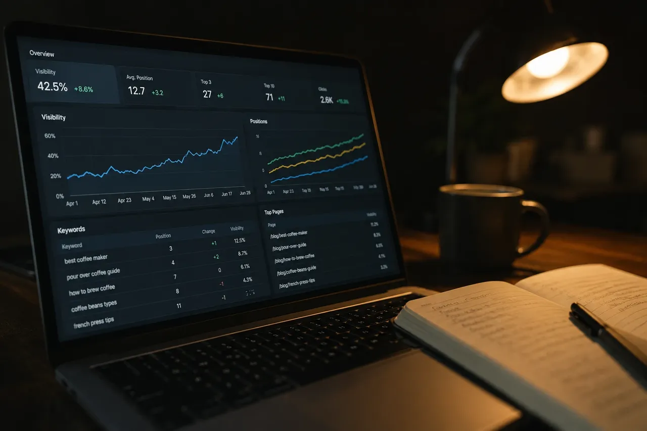 A laptop screen showing a website analytics dashboard with rising visibility and ranking graphs, on a desk with a notebook under lamp light.