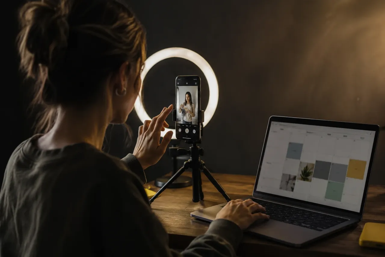 A social media manager filming short-form video content on a phone mounted on a tripod with a ring light.