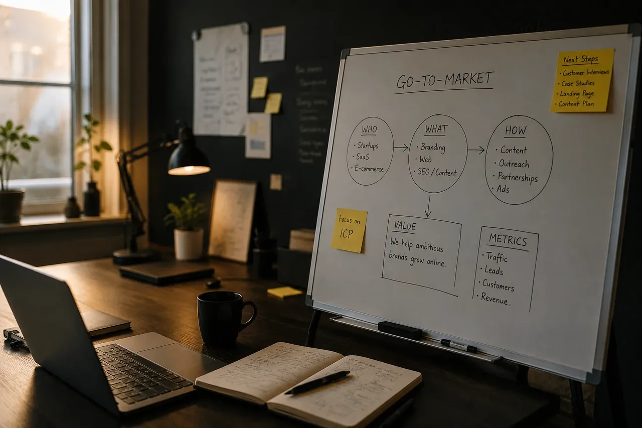 A small team gathered around a whiteboard sketching a go-to-market plan in a real, unpolished office.