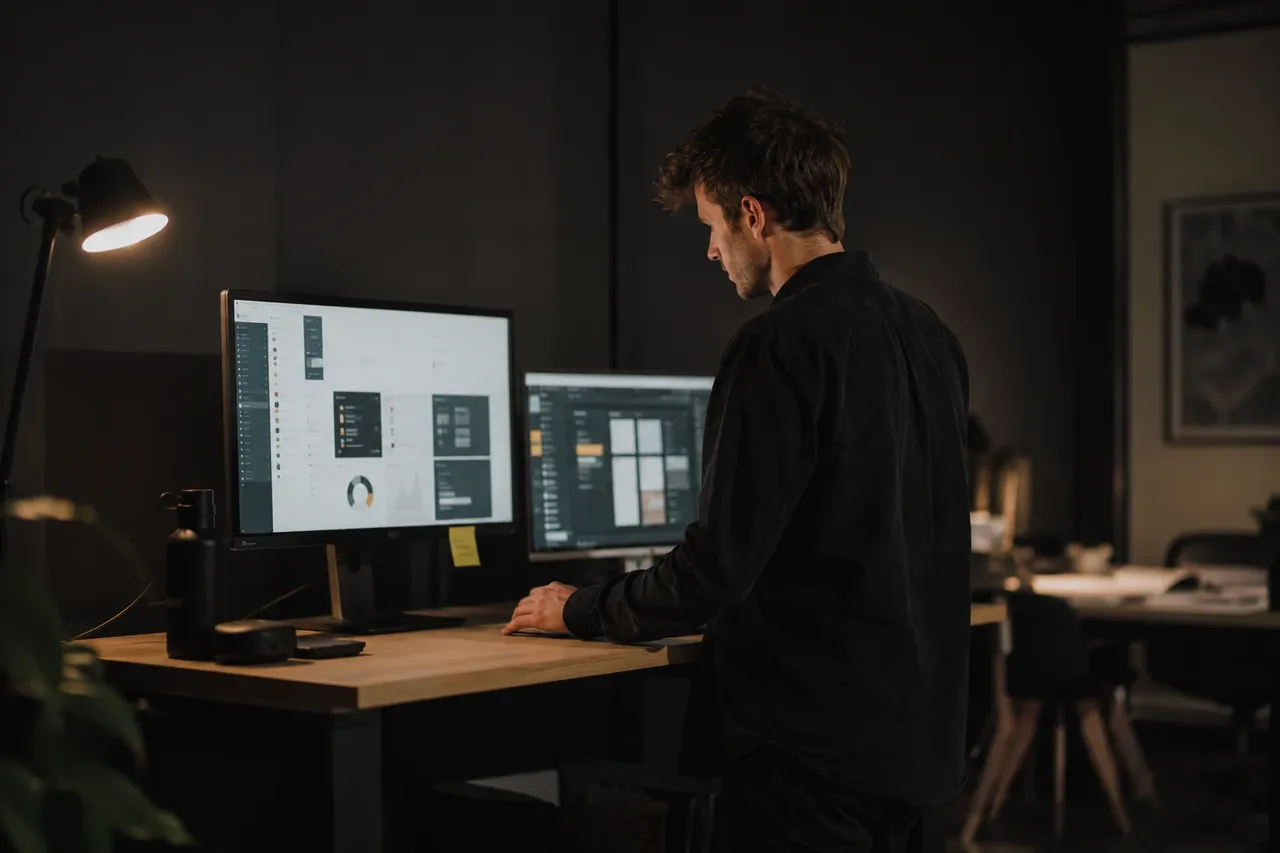A product designer at a standing desk with two monitors showing abstract dashboard interfaces.