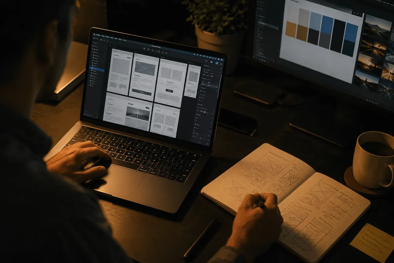 An overhead view of a designer's desk showing a website wireframe on a laptop screen next to hand-drawn layout sketches.