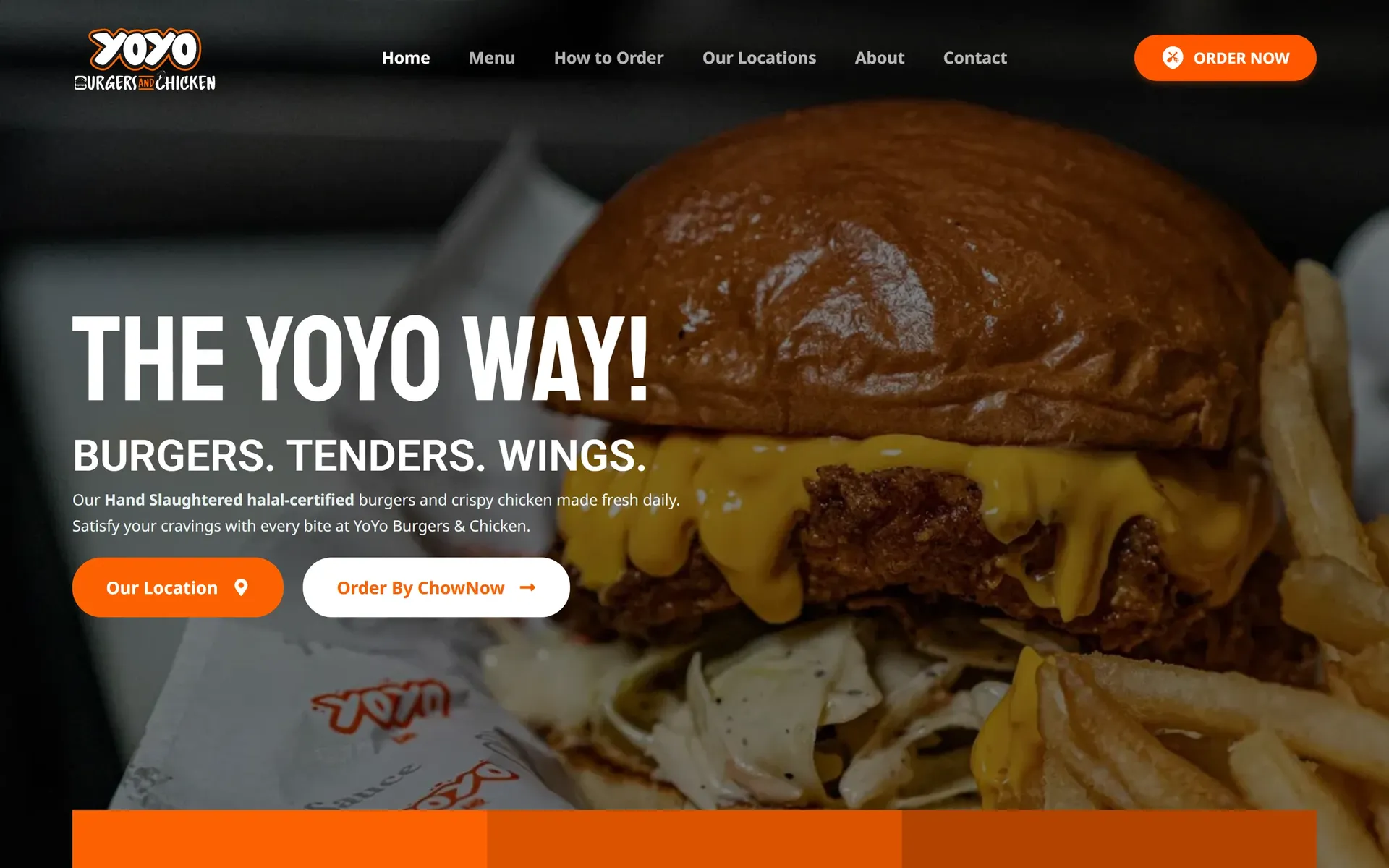 YoYo Burgers & Chicken website homepage on desktop — "The YoYo Way! Burgers. Tenders. Wings." over a cheeseburger, with Our Location and Order by ChowNow buttons