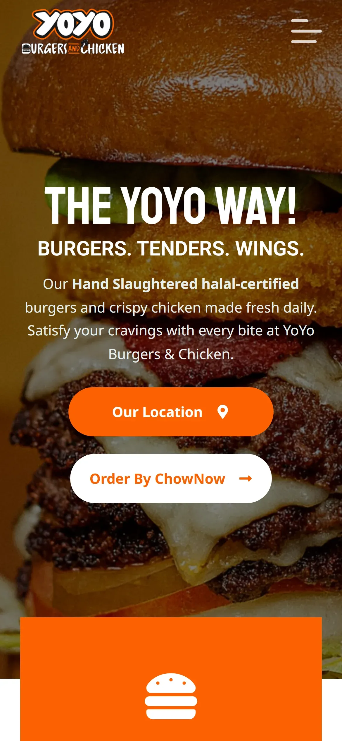 YoYo Burgers & Chicken website on a phone, with the location and ChowNow ordering buttons stacked full-width under the headline