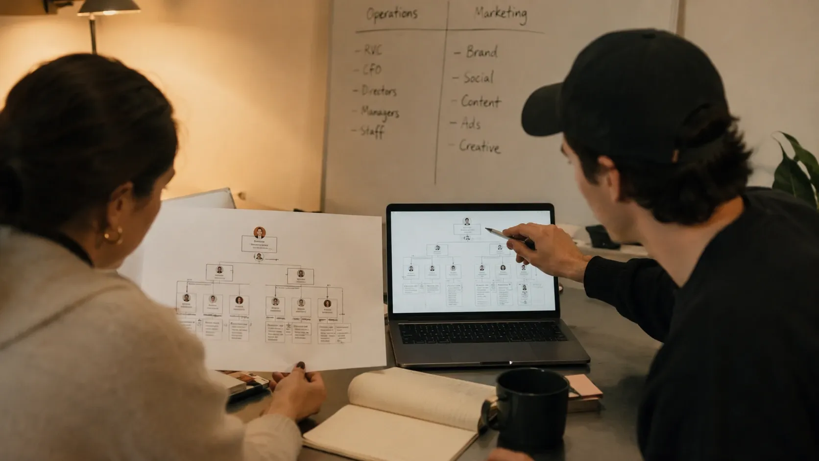 Two people at an office desk comparing a printed org chart against a laptop screen, a whiteboard sketched behind them.