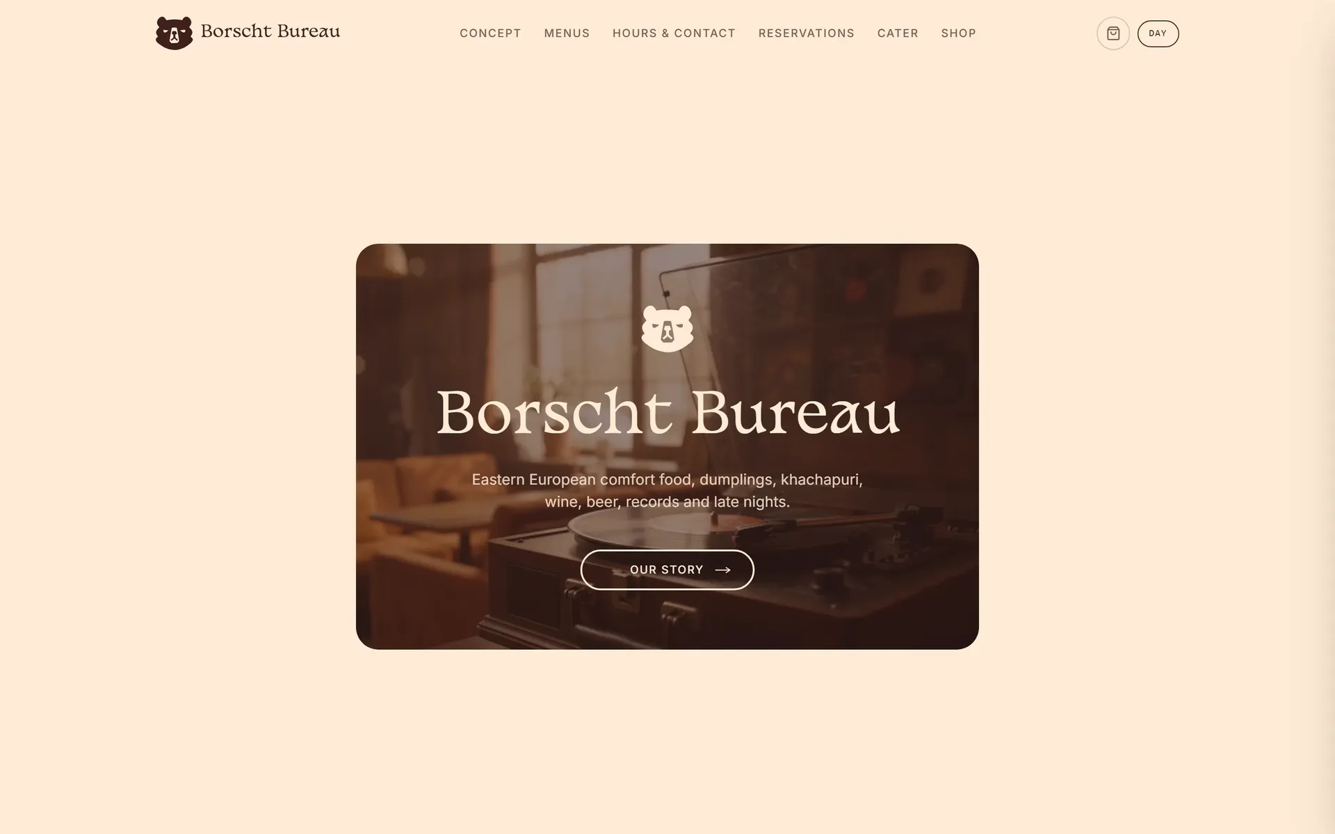 Borscht Bureau restaurant website homepage on desktop in its Day theme — light cream background with a record player behind the logo