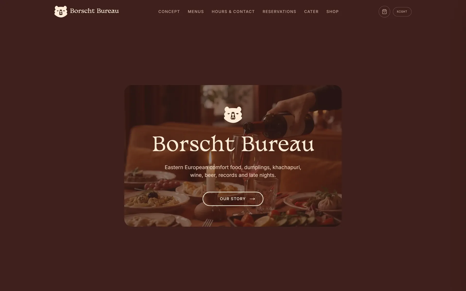 Borscht Bureau restaurant website homepage on desktop in its Night theme — bear logo over a candlelit dinner table, with the tagline "Eastern European comfort food, dumplings, khachapuri, wine, beer, records and late nights"