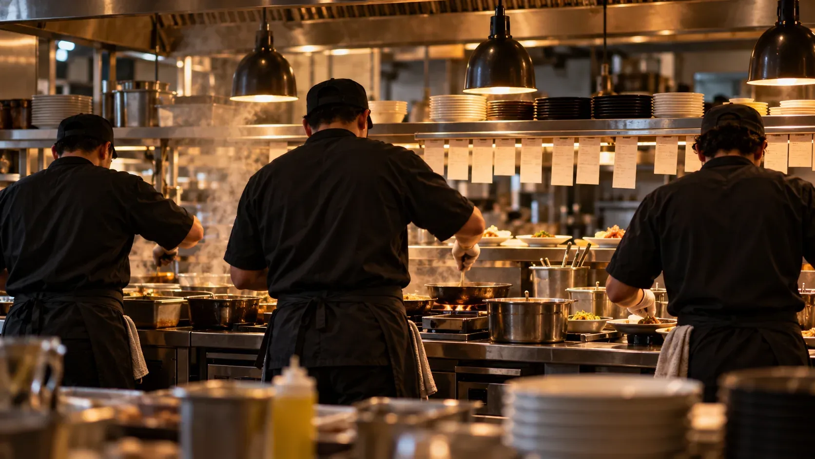 Three line cooks working a hot kitchen line during service, photographed from behind.