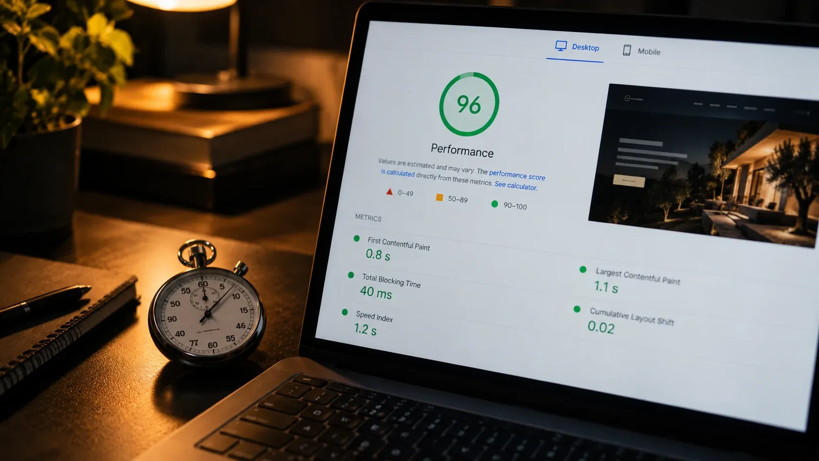 Close-up of a laptop screen showing a website performance score dashboard with a high score highlighted in green.