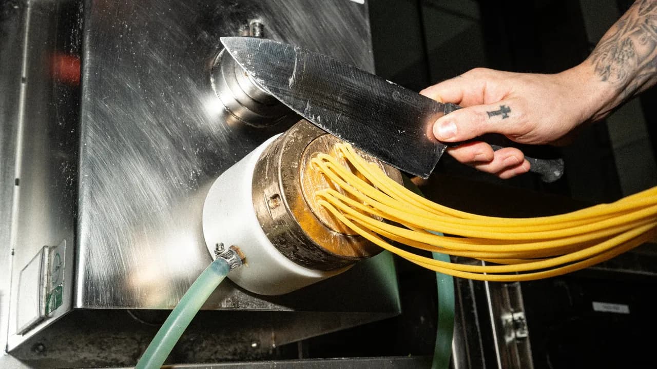 Cutting fresh pasta straight off the extruder.