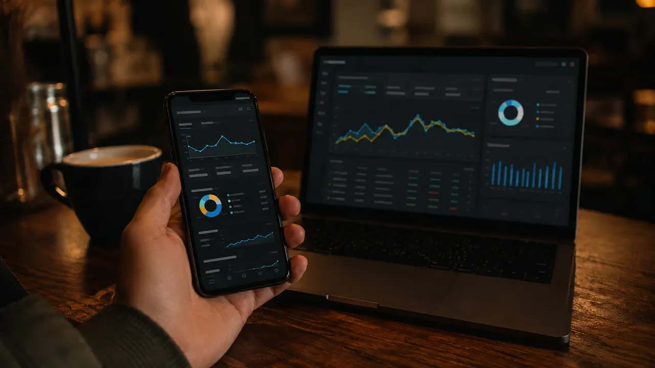 A hand holding a phone displaying a social media ad campaign dashboard, a laptop open beside it also showing ad analytics.