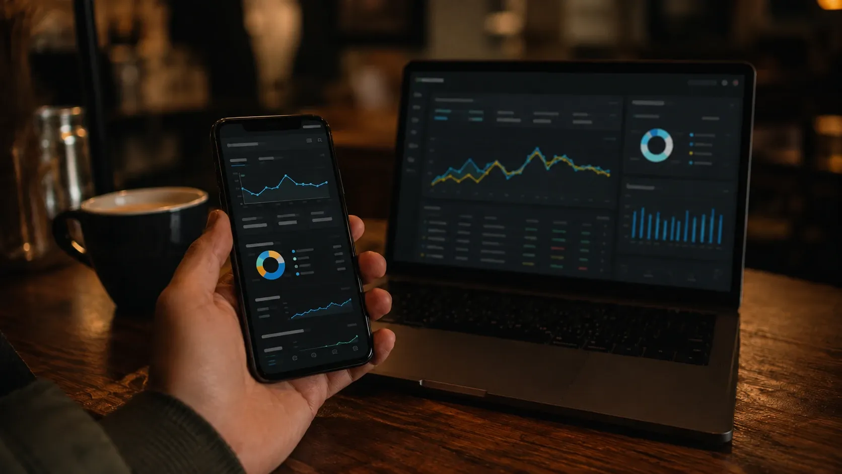 A hand holding a phone displaying a social media ad campaign dashboard, a laptop open beside it also showing ad analytics.