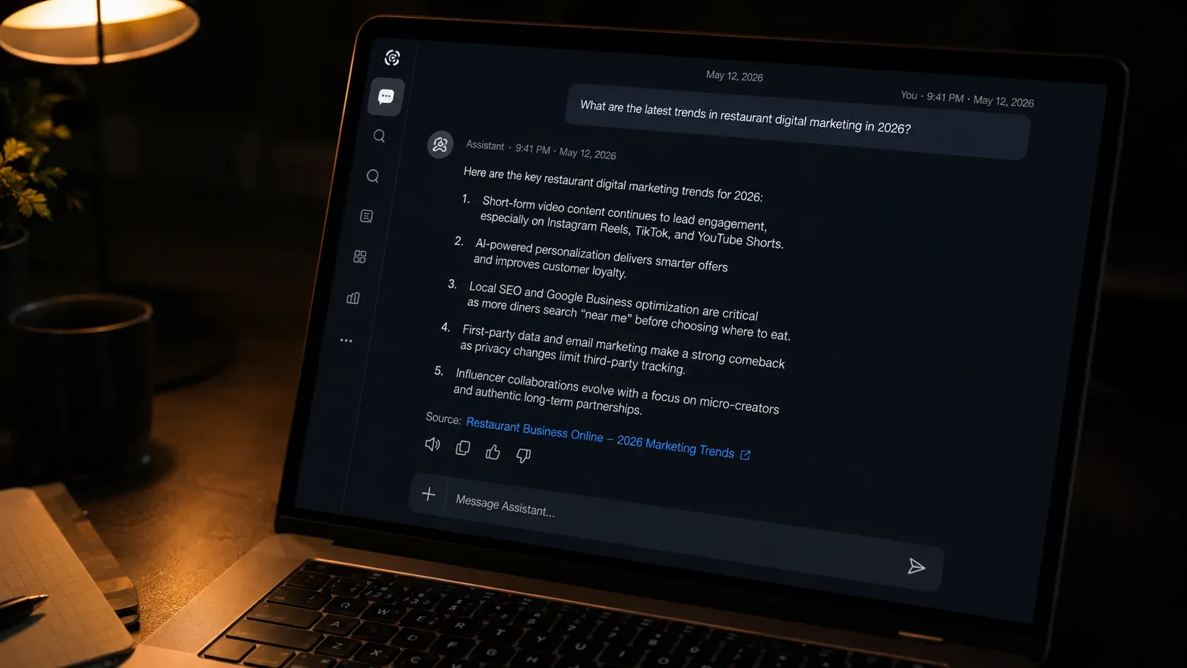 Close-up of a laptop screen showing an AI chat assistant response with a highlighted citation link.