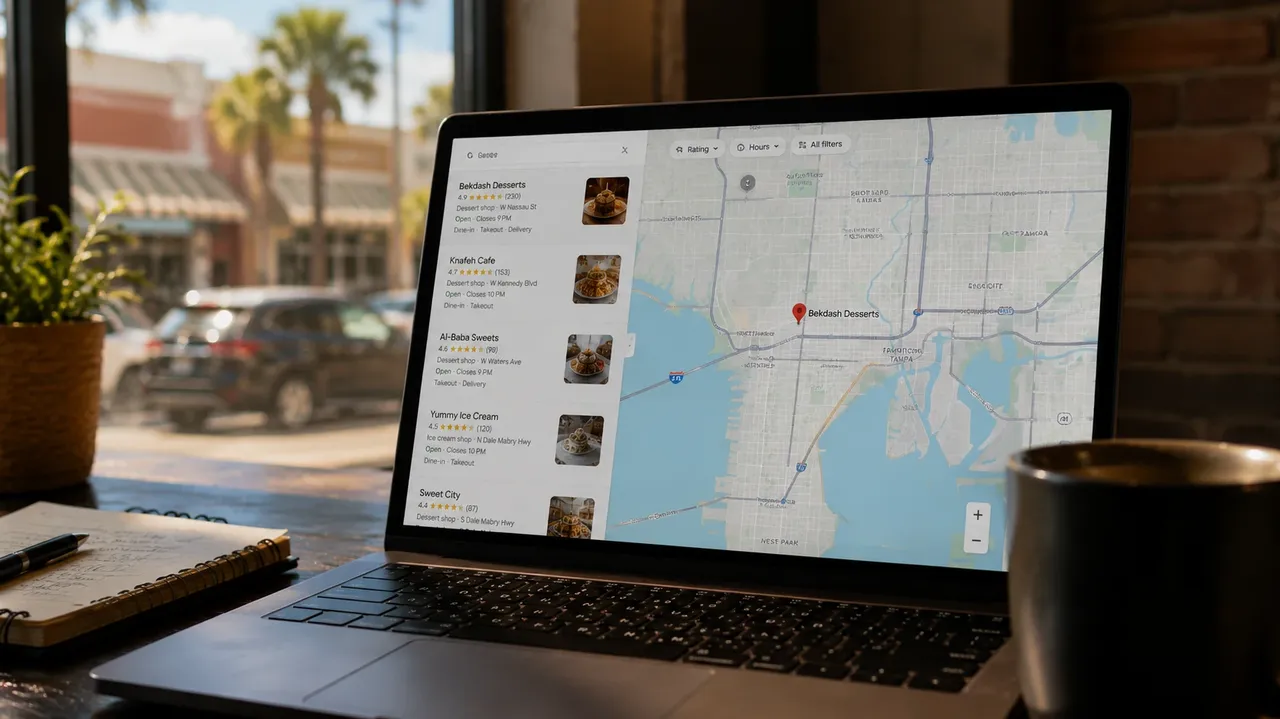 A laptop screen showing a local map search results page with a business pin highlighted, on a desk with a coffee cup.
