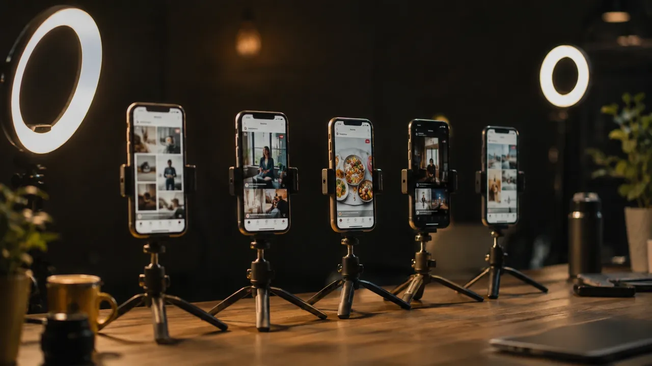 Multiple phones mounted on small tripods in a row on a studio desk, each showing a different social app open.