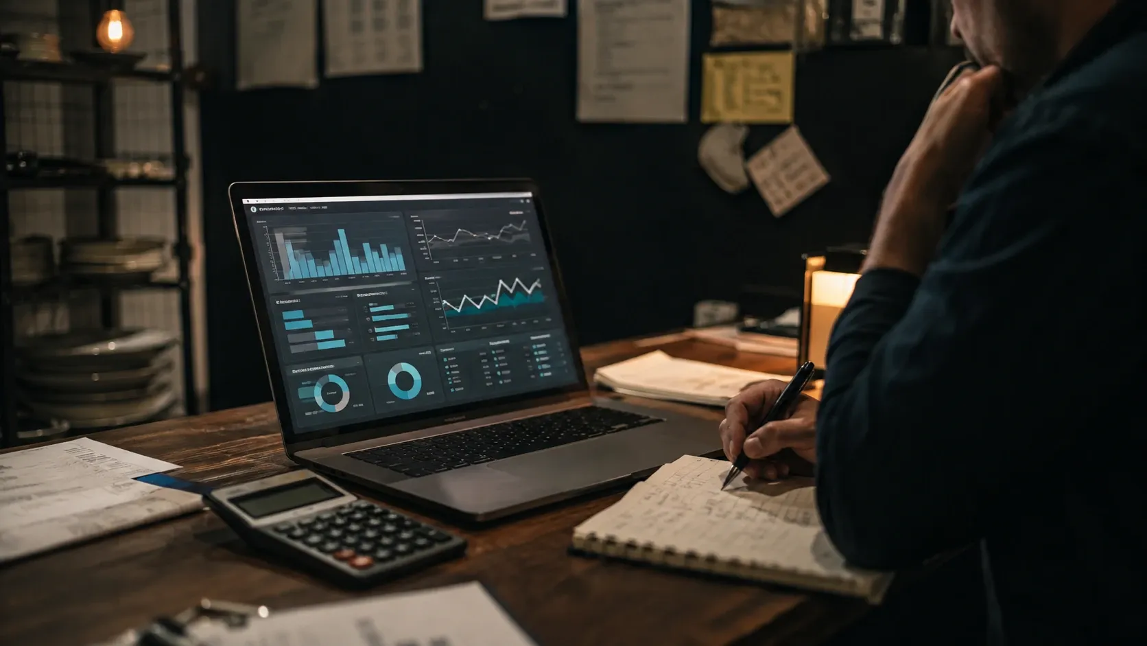 A restaurant manager's desk with a laptop showing a social media analytics dashboard, a calculator and notepad with budget figures nearby.