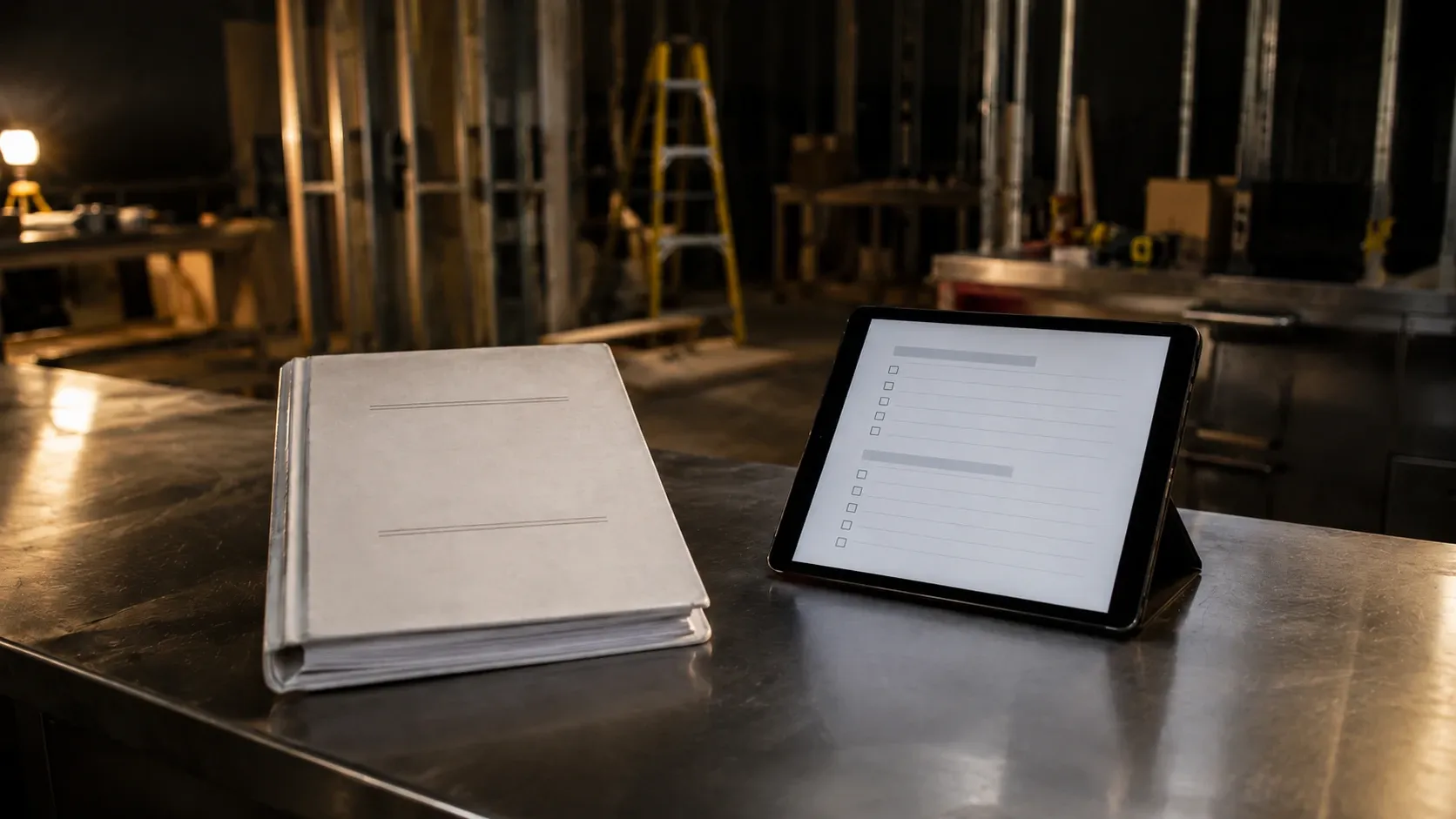 A restaurant SOP binder and a tablet showing a recipe checklist on a stainless steel counter in a kitchen under construction.