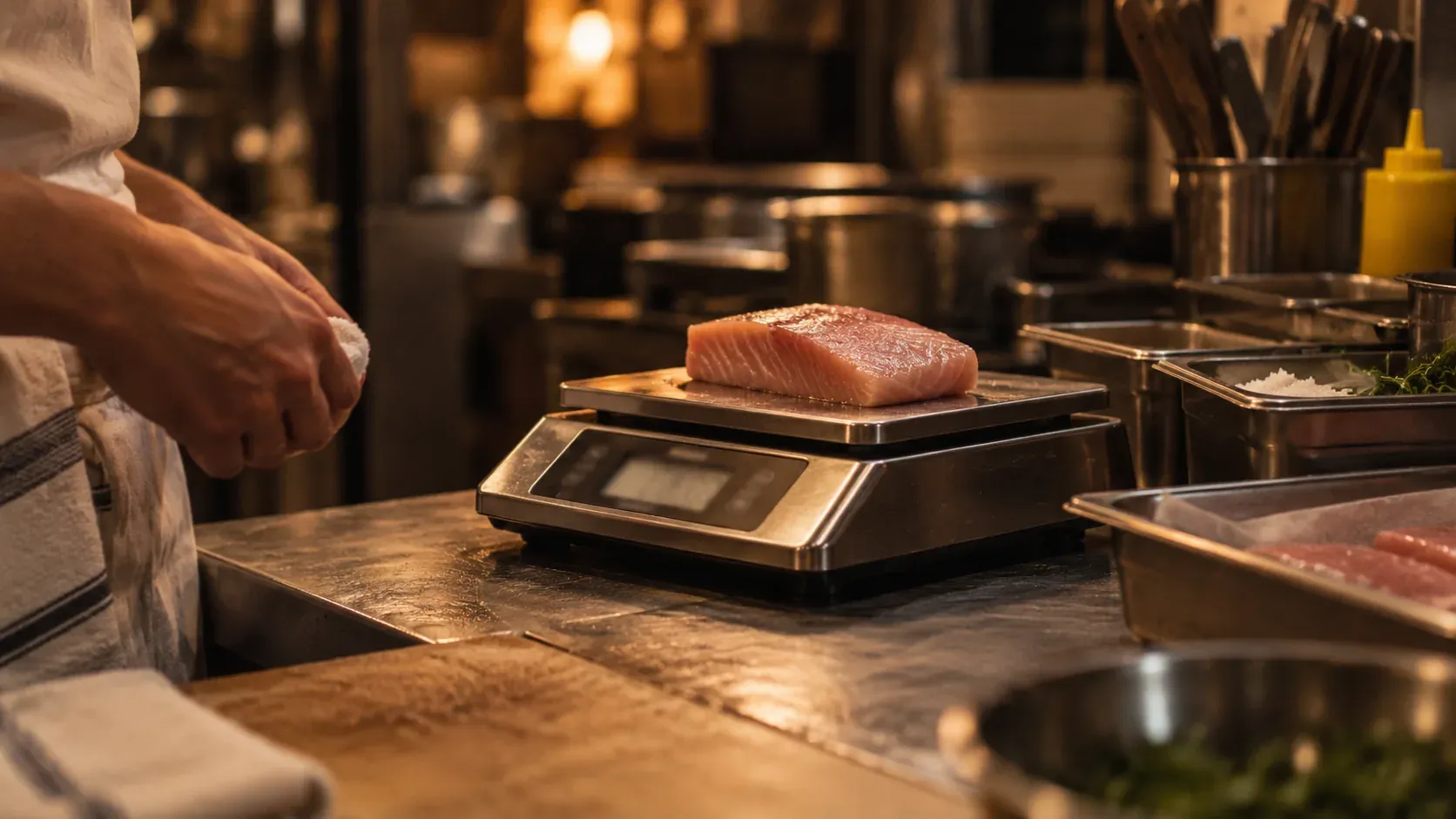 A portion of protein being weighed on a digital kitchen scale at a stainless steel prep counter.