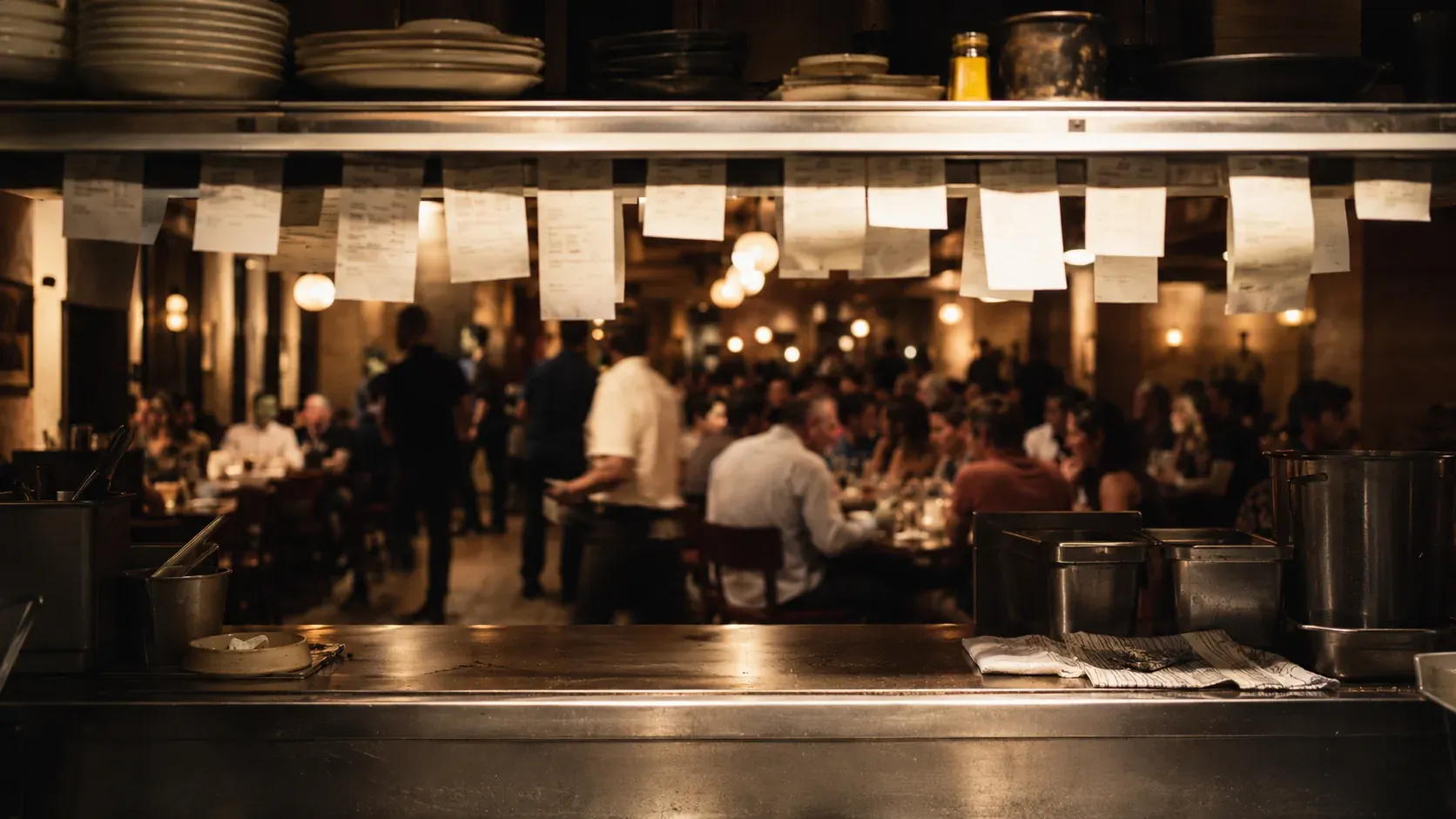 A full restaurant dining room seen from the kitchen pass, with a rail of open tickets hanging in the foreground.