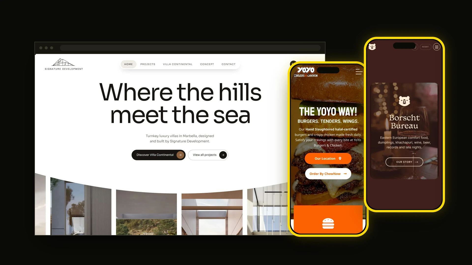 Three websites built by SHTROM Creative: Signature Development in a browser window, with YoYo Burgers and Borscht Bureau on phones