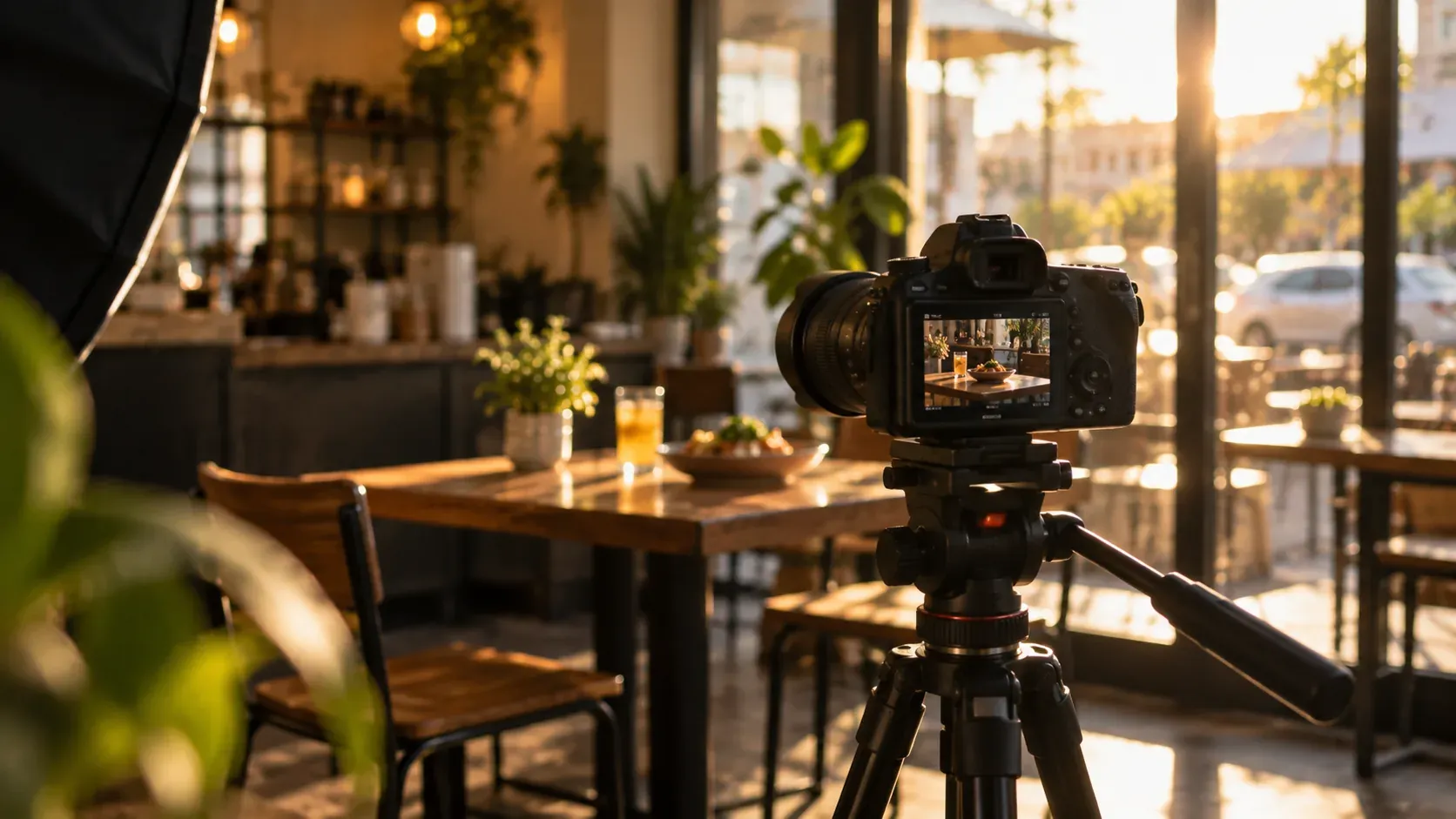 A camera on a tripod filming content inside an independent restaurant on a bright afternoon.