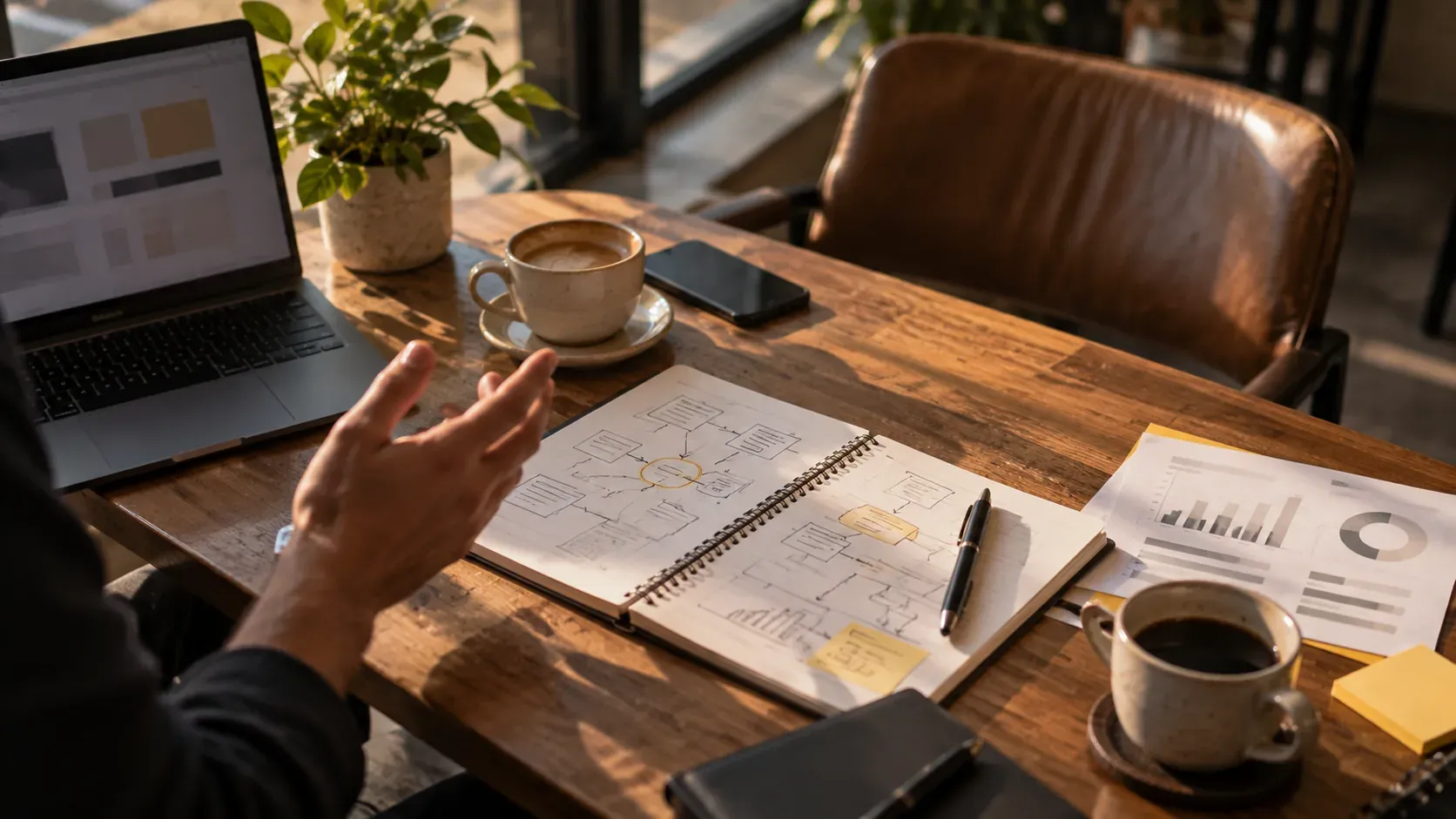 A hand-drawn strategy diagram on a notepad during a working session at a desk, with a laptop and coffee nearby.