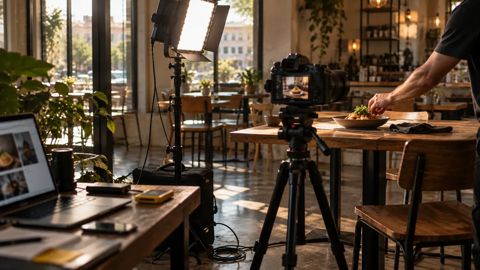 Behind the scenes of a small content shoot, with a lighting panel, a camera rig and a hand adjusting a plated dish.