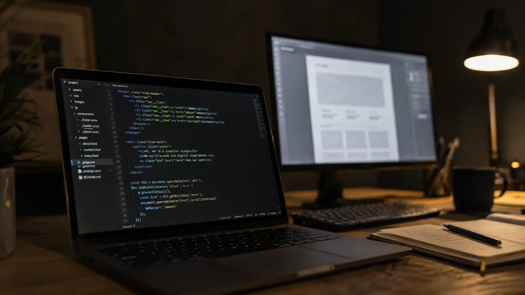 A developer's desk with a laptop showing structured code, a second monitor blurred showing a website wireframe.