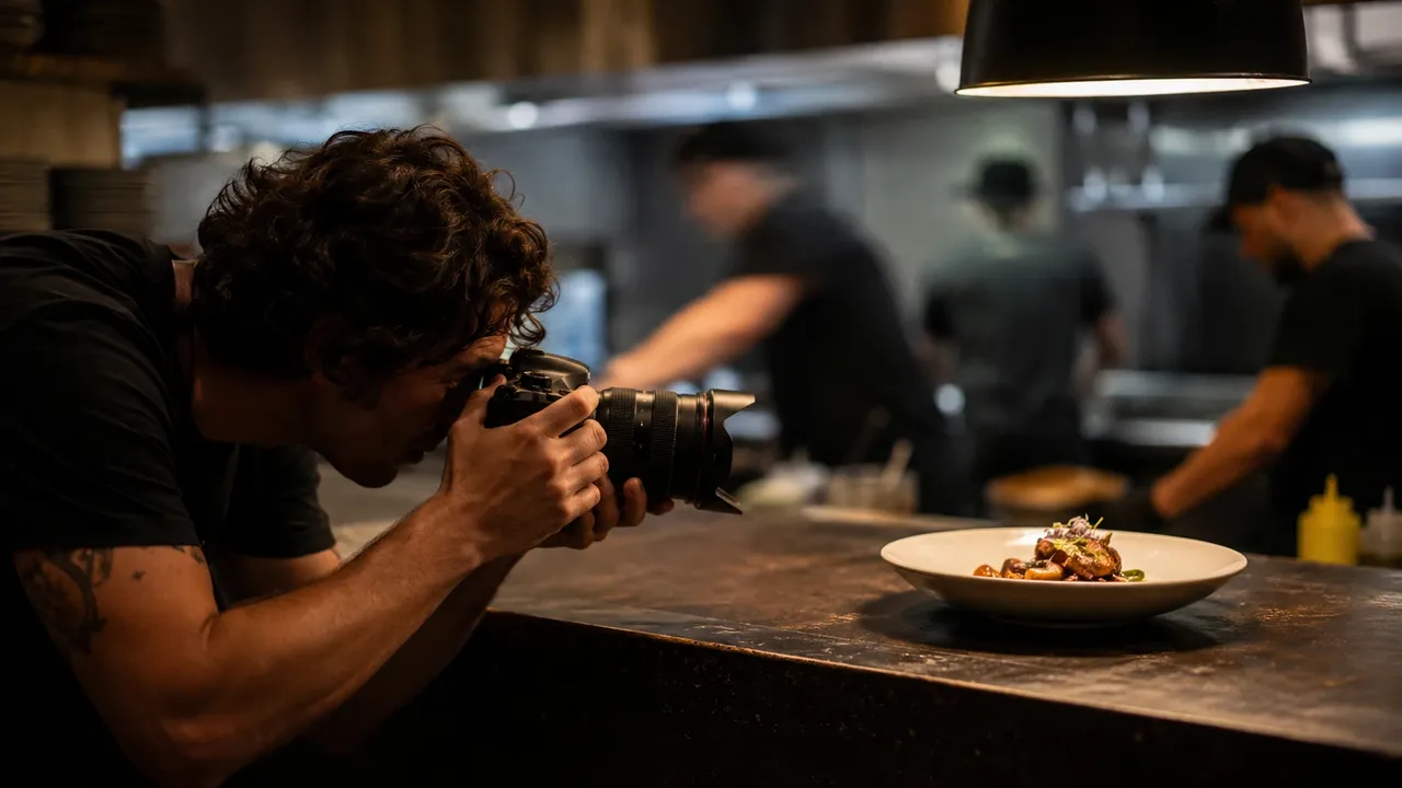 A photographer crouched low, camera in hand, photographing a plated dish on a restaurant counter mid-service.