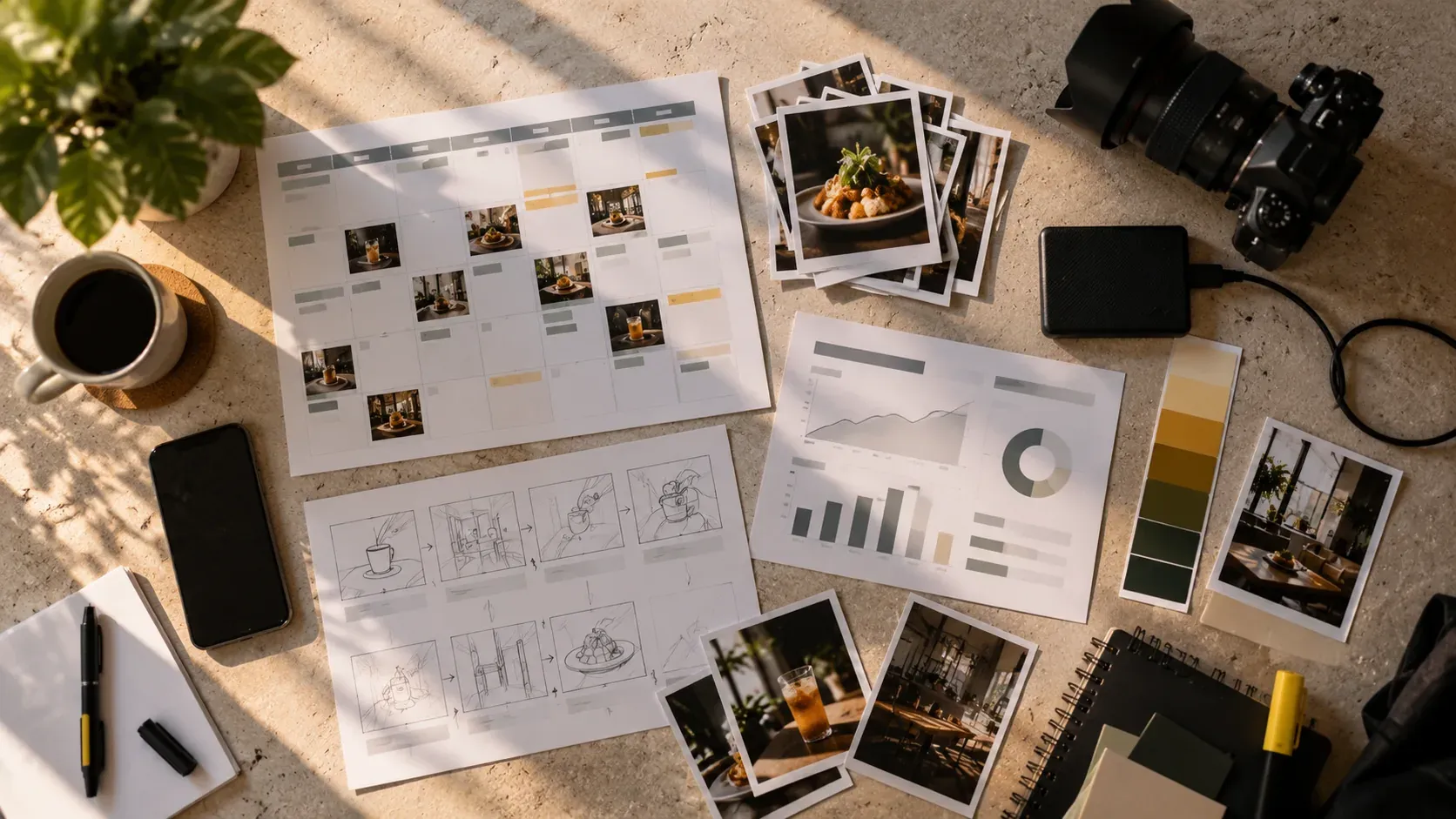 A content calendar, photo prints, a storyboard, a camera and printed charts laid out as the deliverables of a monthly package.