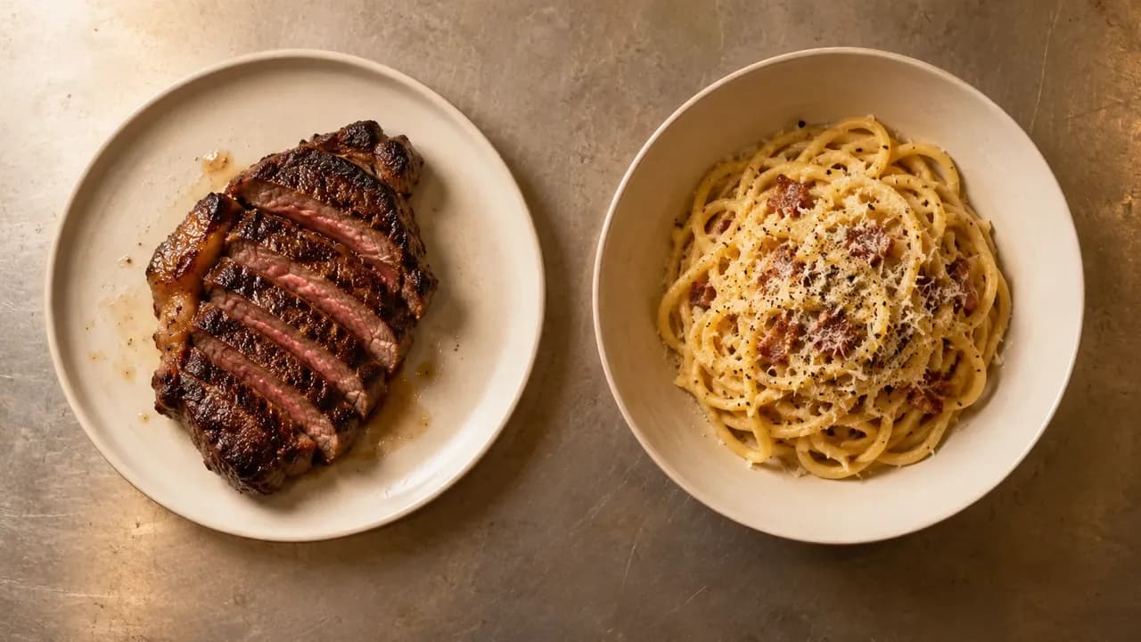 A plated steak and a bowl of pasta side by side, photographed from overhead as a direct comparison.