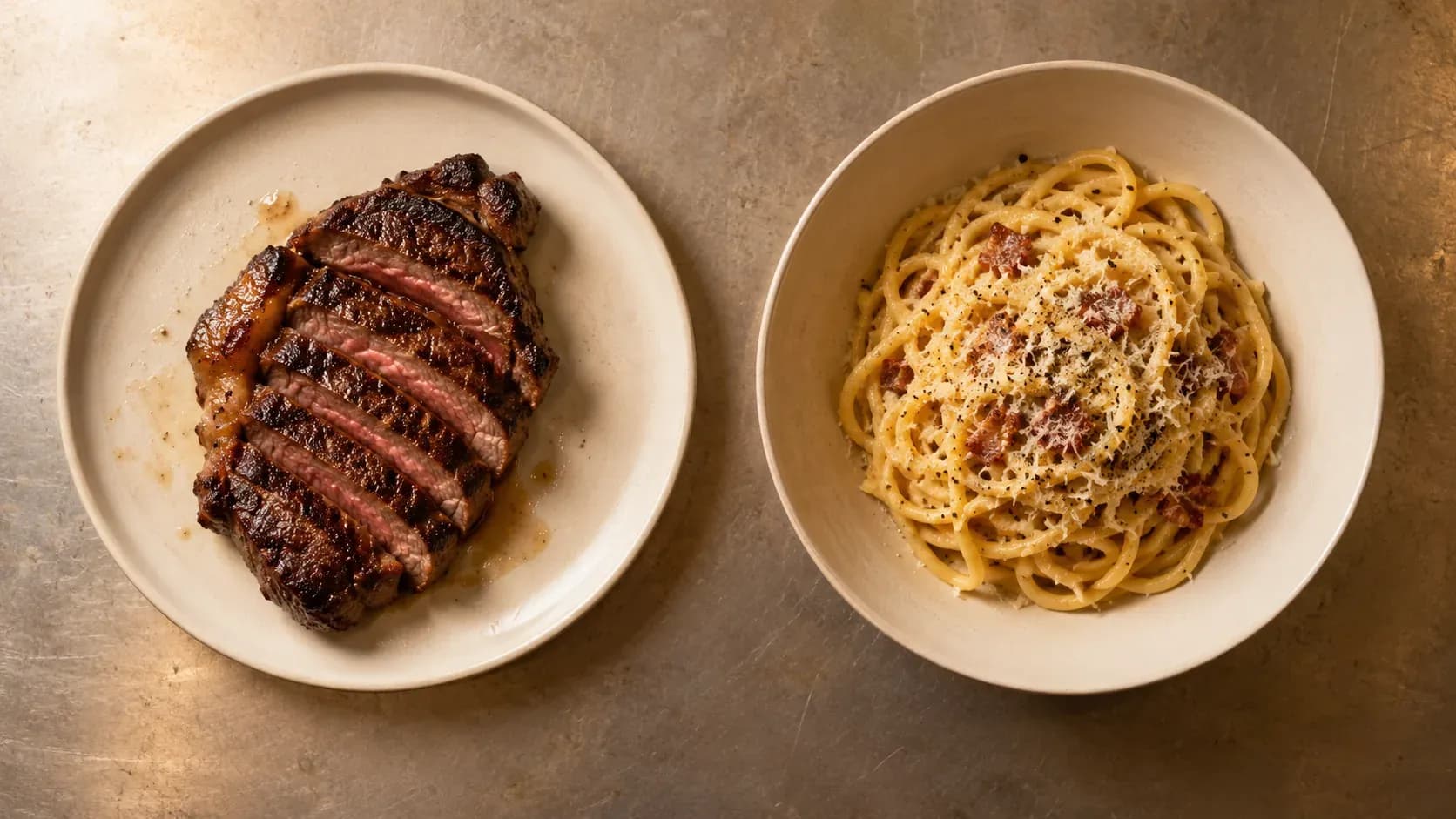 A plated steak and a bowl of pasta side by side, photographed from overhead as a direct comparison.