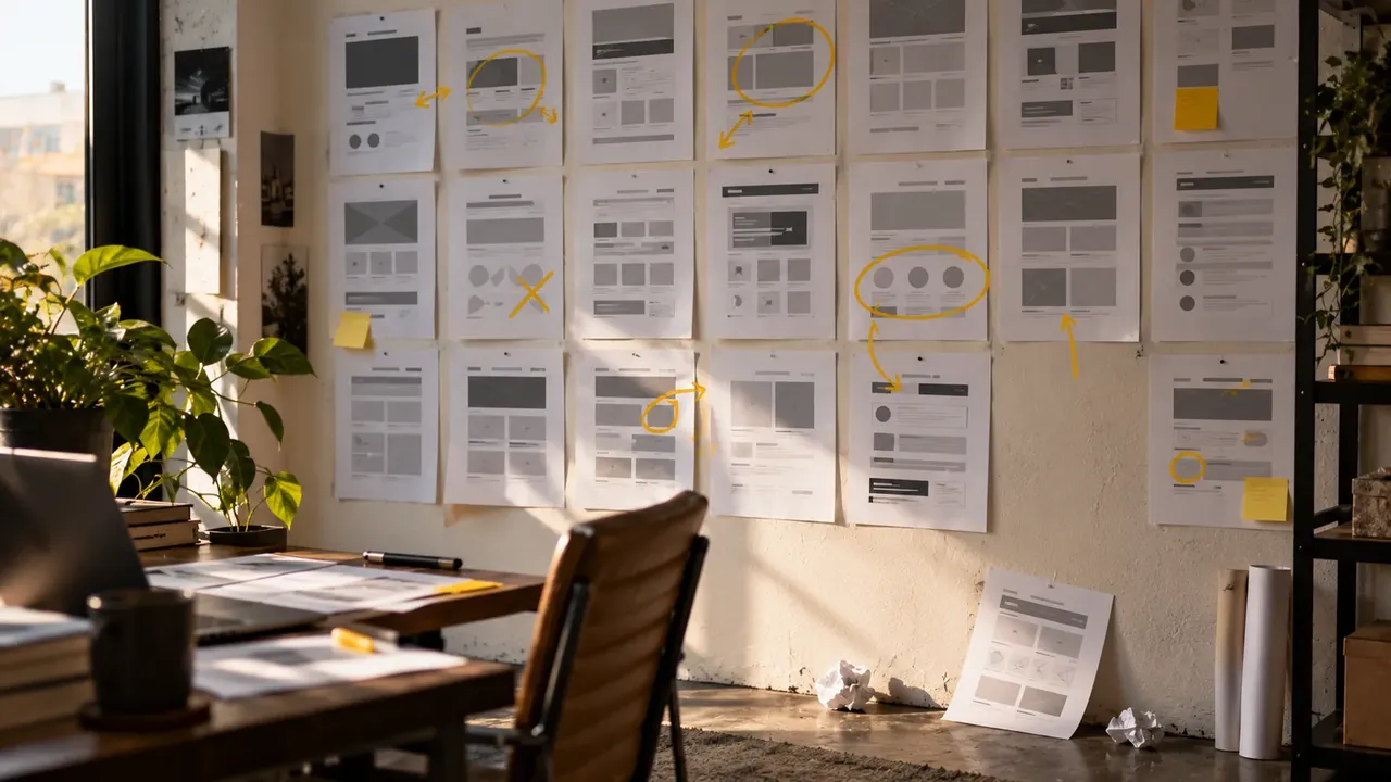 Printed website page layouts pinned across a studio wall with hand-drawn annotations marking problems.