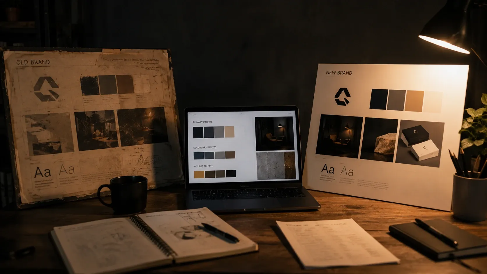 Two brand mockup boards side by side, one visibly older and worn, one crisp and new, a laptop showing a color palette between them.