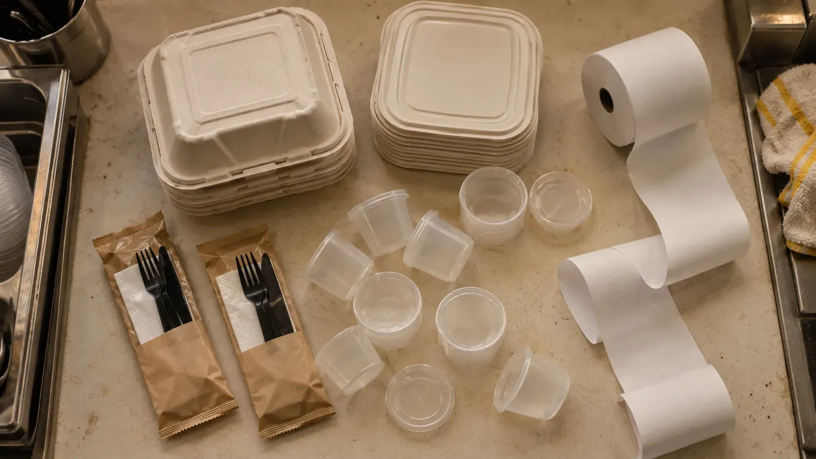 Takeout containers, sauce cups, wrapped cutlery kits and a roll of receipt paper laid out on a worktop.