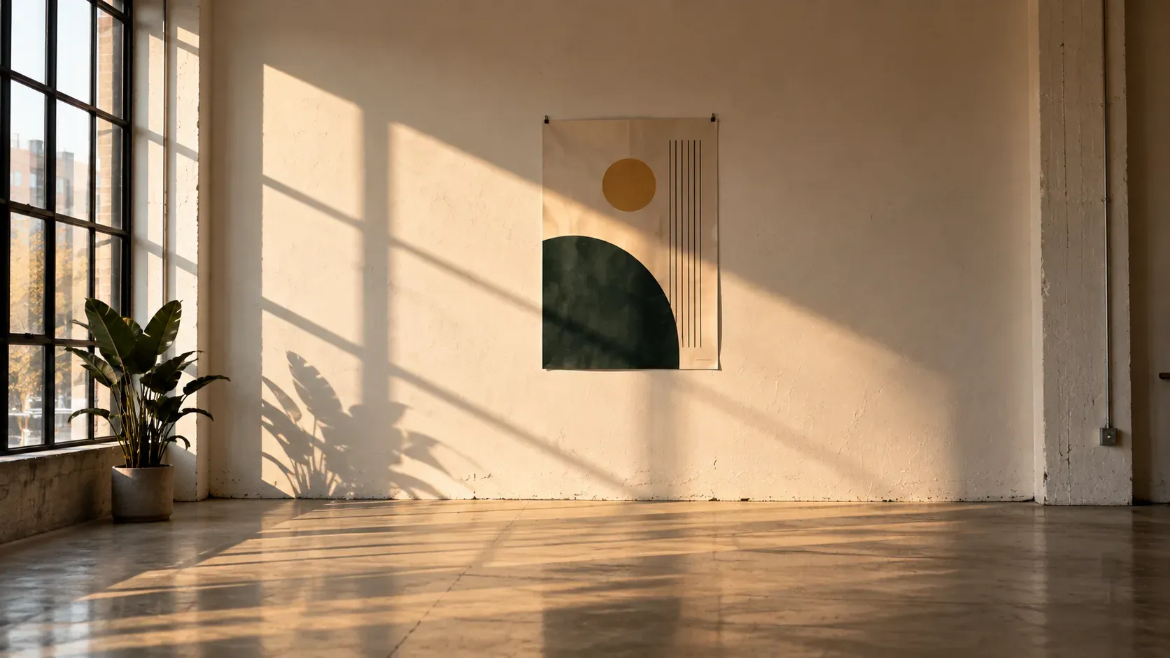A single well-designed poster on the wall of a large empty room, lit by daylight from a window.