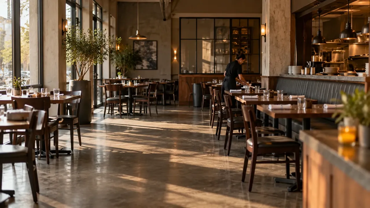 An empty restaurant dining room during a slow afternoon shift, with a single staff member at the back.