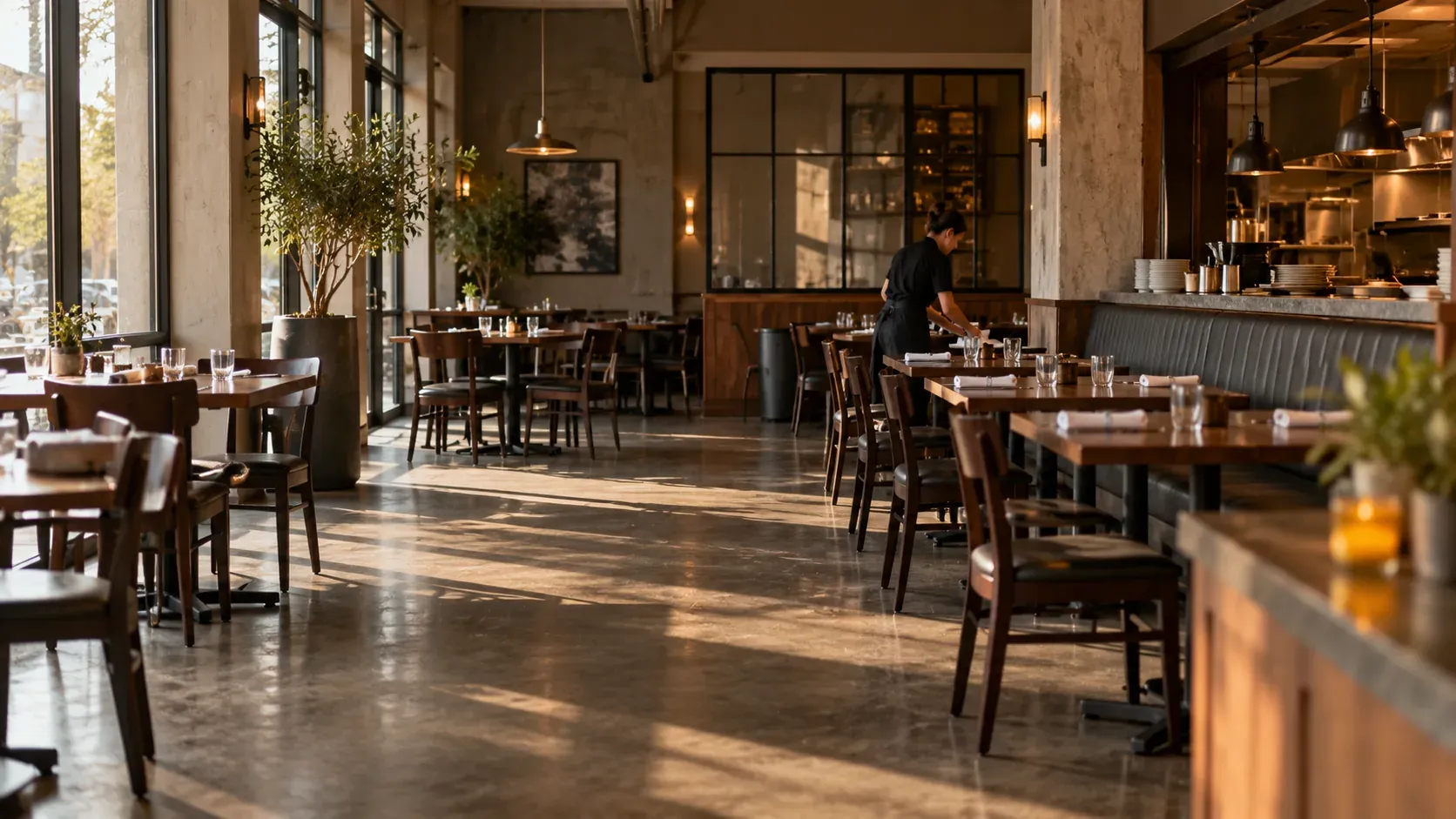 An empty restaurant dining room during a slow afternoon shift, with a single staff member at the back.
